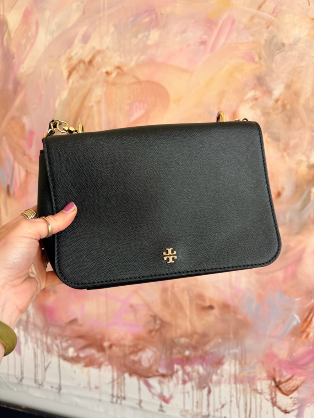 Tory Burch Black Saffiano Leather Crossbody with Gold Logo
